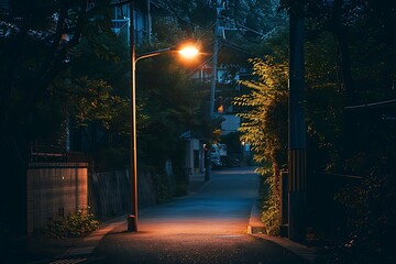 : A quiet street at night, with a single streetlight casting a warm circle of light - obrazy, fototapety, plakaty