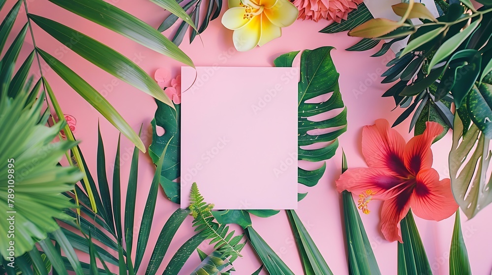 Poster creative layout made of flowers and leaves with paper card note flat lay nature concept : generative