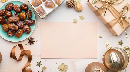Ramadan kareem holiday background with blank paper note dried dates Ramadan sweets and decorations Top view flat lay : Generative AI - obrazy, fototapety, plakaty