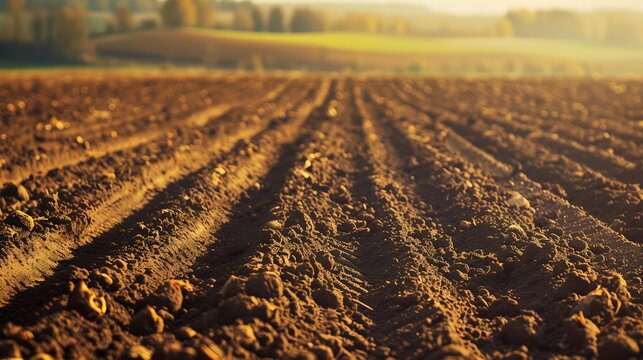 A plowed field in autumn Closeup of plowed land A closeup of a plowed field : Generative AI