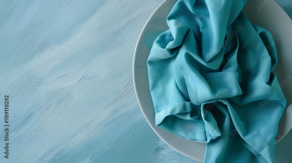 Fototapete top view with blue kitchen napkin isolated on table background folded cloth for mockup with copy spa