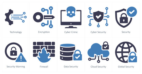 A set of 10 cyber security icons as technology, encryption, cyber crime - obrazy, fototapety, plakaty