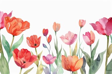 Watercolor tulip clipart in different shades of pink, red, and orange. flowers frame,botanical border, Wildflowers, Spring and Summer Floral, Leaves, Branches. Botanical Plant Illustration.