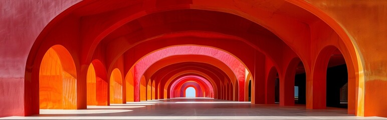Vibrant arched corridor in minimalist style: Wide-angle view of a striking minimalist architectural corridor with colorful arches. Panoramic banner