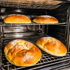 Illustration of freshly baked bread in the oven, photo style