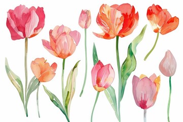 Watercolor tulip clipart in different shades of pink, red, and orange. flowers frame,botanical border, Wildflowers, Spring and Summer Floral, Leaves, Branches. Botanical Plant Illustration.