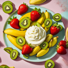 Illustration of a summer fruit plate of kiwi, strawberries and bananas, photo style