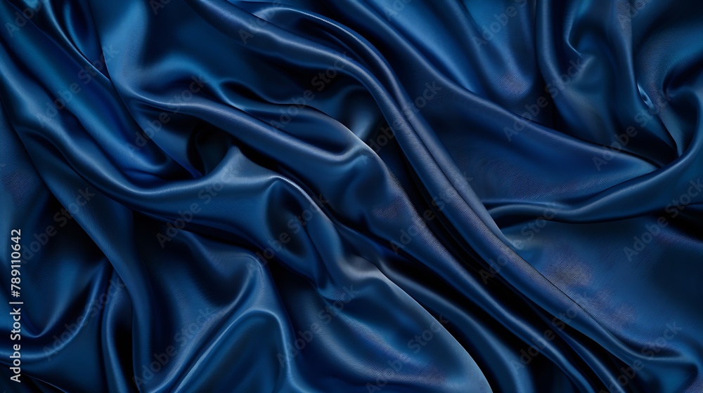 Poster beautiful dark blue silk satin background soft folds on shiny fabric luxury background with space fo