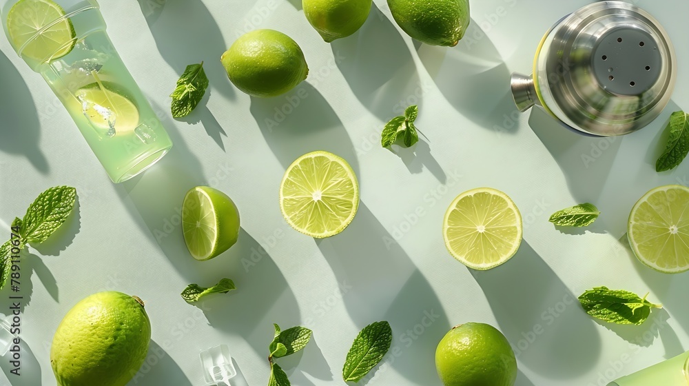 Poster Flat lay composition with lime mint and shaker on light background Refreshing beverage ingredients : Generative AI