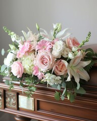 Watercolor memorial flowers beside casket, soft and ethereal style