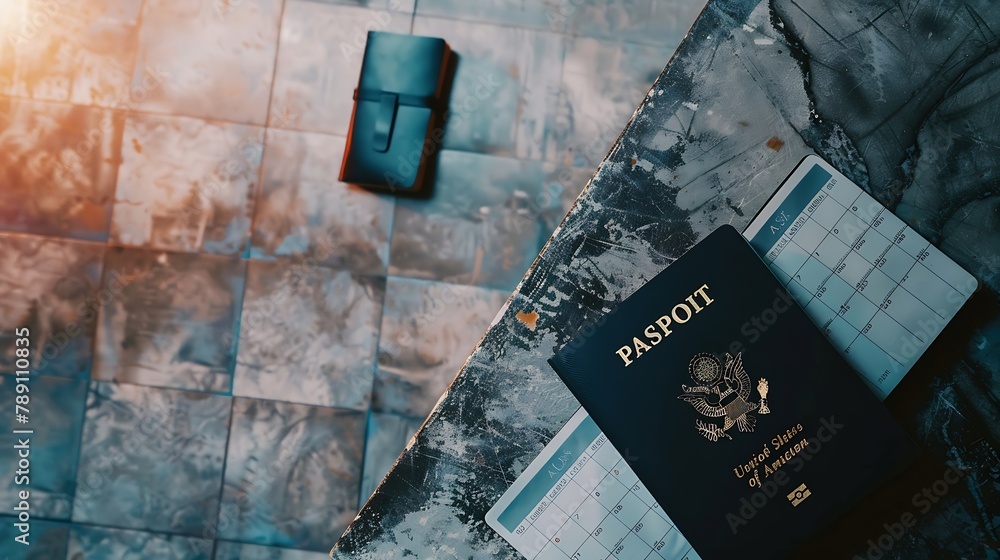 Poster passport with boarding pass and calendar on stone texture background tourism and travel concept top 