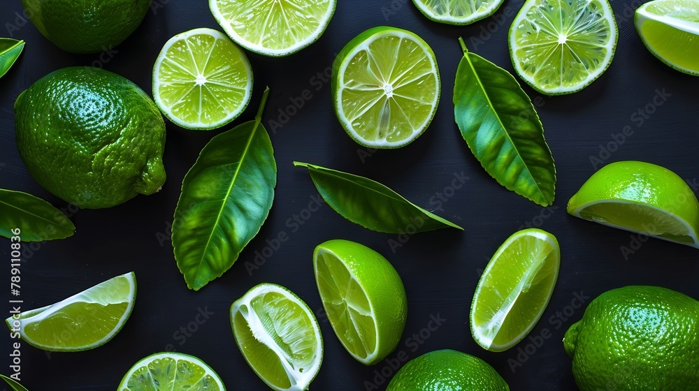 Aufkleber Group lime with sliced and green leaf on black dark background  top view  flat lay : Generative AI
