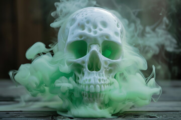 Haunted skull  Ghostly white skull, eerie green fog, hyper realistic - obrazy, fototapety, plakaty