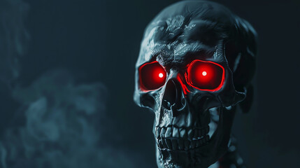 Skeleton horror  Creepy skull with glowing red eyes, black background hyper realistic - obrazy, fototapety, plakaty