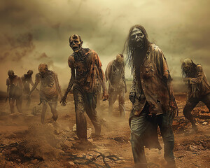 Zombie apocalypse  Zombies in a wasteland, desolate brown and rust, hyper realistic - obrazy, fototapety, plakaty