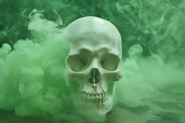 Haunted skull  Ghostly white skull, eerie green fog, hyper realistic