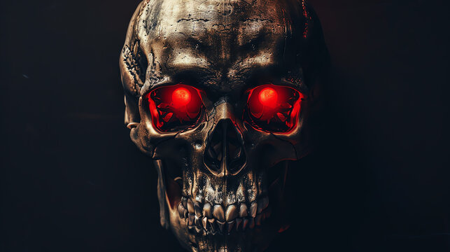 Skeleton horror  Creepy skull with glowing red eyes, black background hyper realistic