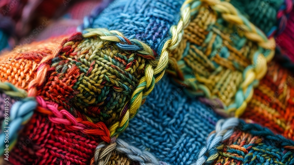 Aufkleber colored plaid from different yarns knitted texture woolen product homework hobbies knitting needlewo