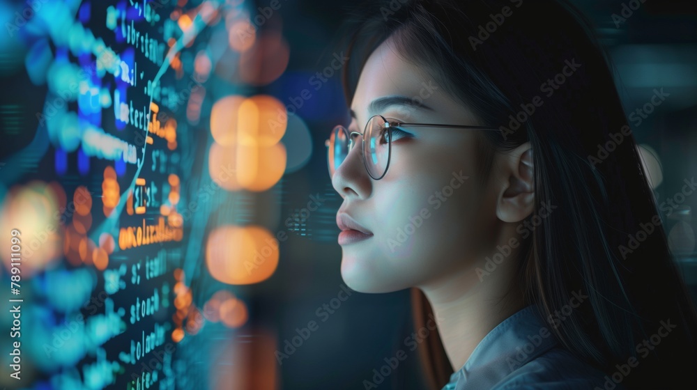 Aufkleber A programming specialist in the data center develops and implements innovative solutions to improve the efficiency and security of the network and servers. Futuristic concept