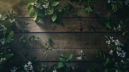 Dark floral flat lay with greenery on wooden table : Generative AI - obrazy, fototapety, plakaty