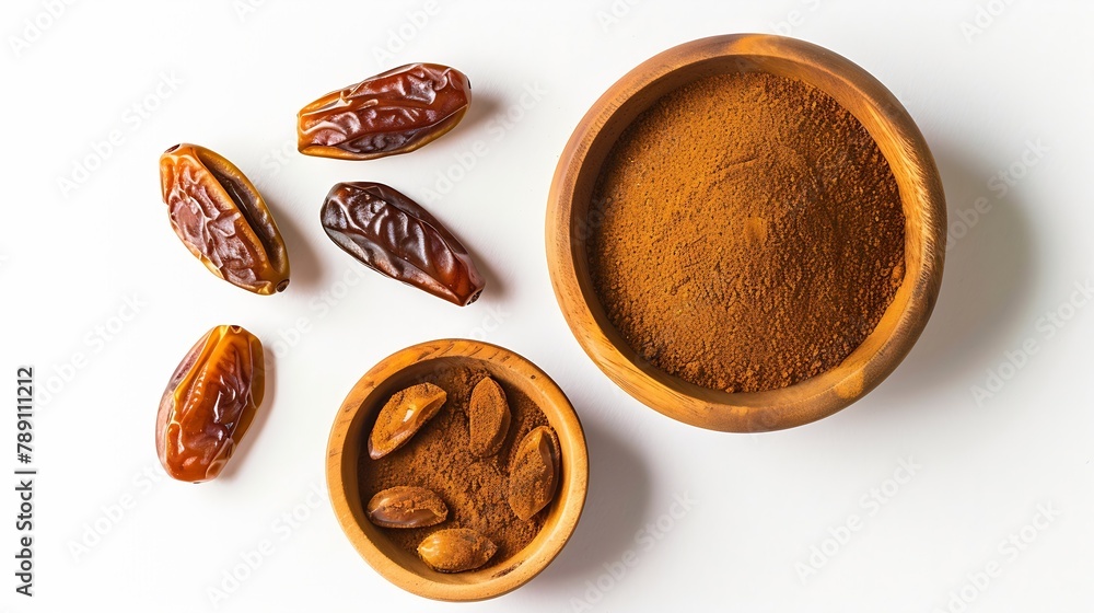 Poster date fruit powder in wooden bowl with dry dates fruits isolated on white background top view flat la