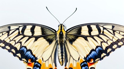 Close up of the symmetrical patterns and vibrant colors on the wings of a papilio machaon butterfly...