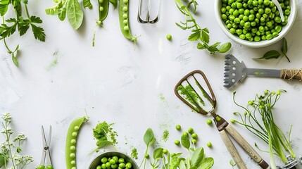 Green pea composition with garden tools on light background Raw healthy snack Top view flat lay copy space : Generative AI - obrazy, fototapety, plakaty
