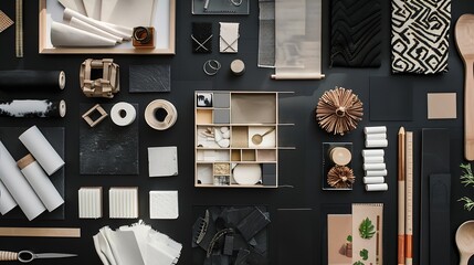 Flat lay composition of creative black architect moodboard with samples of building textile and natural materials and personal accessories Top view black backgroung template : Generative AI