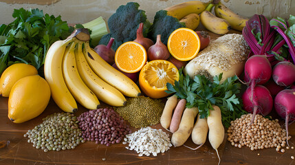 Variety of Prebiotic Foods Arranged on a Rustic Wooden Table - obrazy, fototapety, plakaty