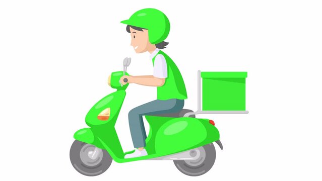 Animation of delivery boy riding scooter with delivery box in green uniform. delivery service concept, video with alpha channel
