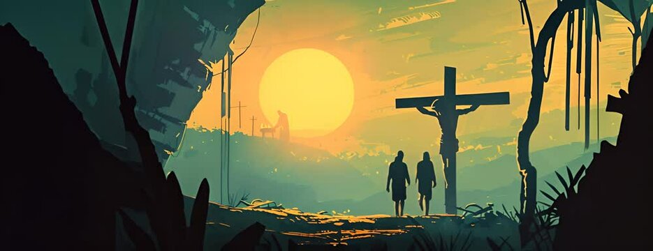 Good Friday stylized text with silhouette image of the Crucifixion of Jesus Christ and the two thieves on Golgotha or Calvary. 4K Video