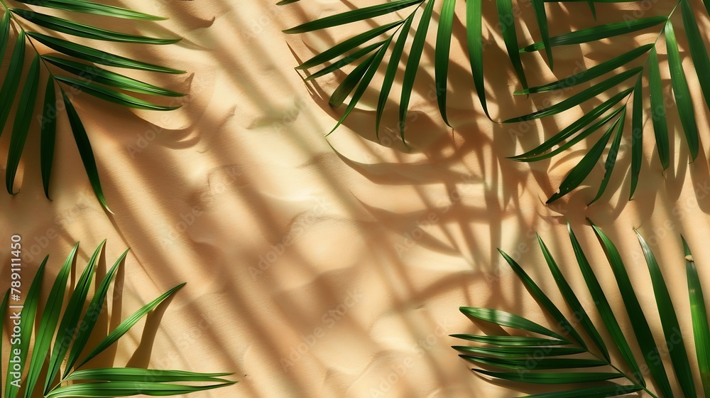 Aufkleber Top view of green tropical leaves and shadows on sand color background Flat lay Minimal summer concept with palm tree leaf Creative copyspace with paper frame : Generative AI