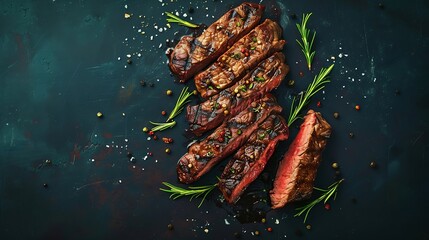 Grilled porterhouse beef steak Sliced Tbone with herbs and spices Top view flat lay with copy space : Generative AI