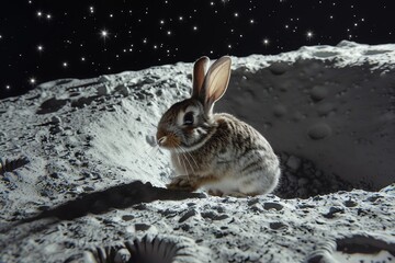 Moon rabbits burrowing into craters filled with starlight, hopping across the lunar surface in weightless joy - obrazy, fototapety, plakaty