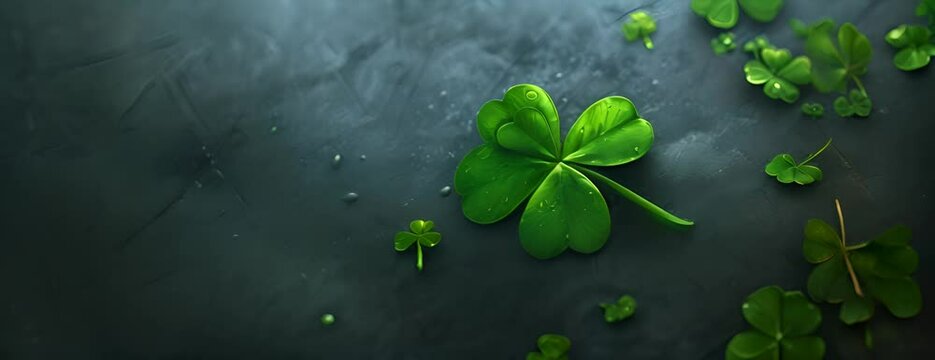 Green clover leaf isolated on dark background. with three-leaved shamrocks. St. Patrick's day holiday symbol. 4K Video