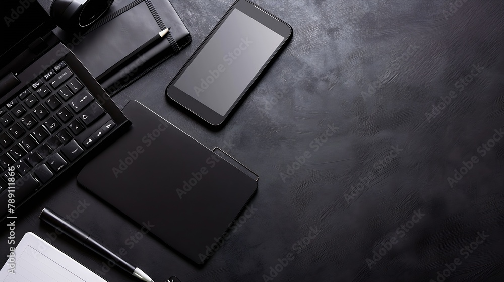 Aufkleber Workplace in office with black desk Top view from above of keyboard with notebook and phone Space for modern creative work of designer Flat lay with blank copy space Business and finan : Generative AI