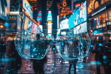: A pair of augmented reality glasses displays floating data streams and holographic icons in a bustling city street.