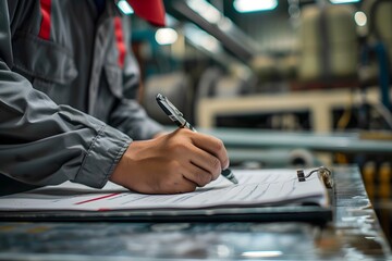  An auditor with a clipboard conducts a meticulous annual assessment in a busy factory setting, ensuring compliance and operational efficiency.