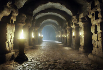 catacombs torches nightmare Rendering Mystical endless medieval 3D Scary concept abandoned gaol church catacomb ancient old background creepy architecture mediaeval scarey abstract dungeon corridor