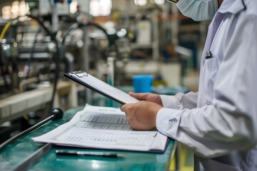  An auditor with a clipboard conducts a meticulous annual assessment in a busy factory setting, ensuring compliance and operational efficiency.