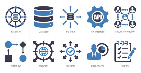 A set of 10 data analytics icons as structure, database, big data