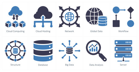 A set of 10 data analytics icons as cloud computing, cloud hosting, network