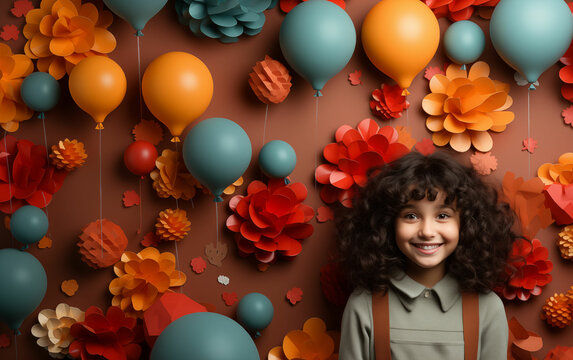 Young girl standing in front of wall of balloons. Generative AI