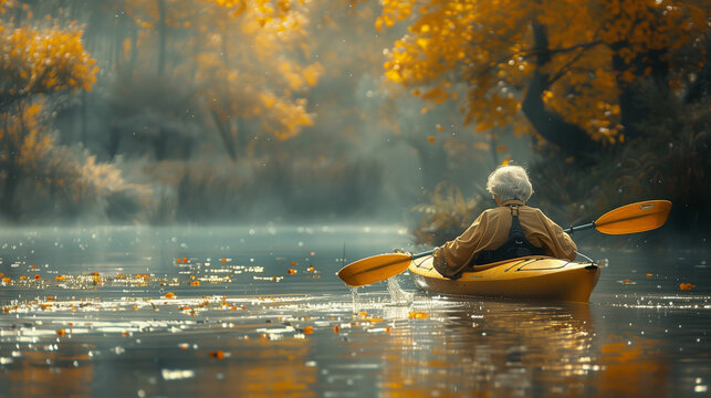 Person kayaking down river. Generative AI - Powered by Adobe