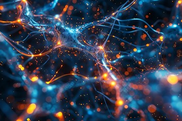 : A network of glowing neural pathways within a quantum computer, pulsing with vibrant blues and oranges.