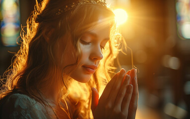 Woman with crown praying. Generative AI