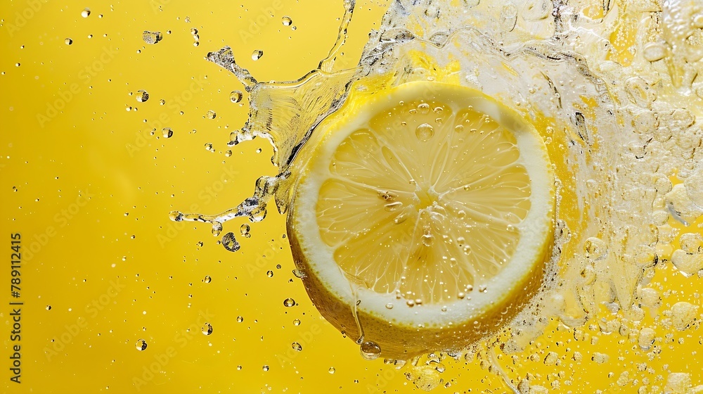 Poster slice of lemon underwater or in water with splashing and droplet top view flat lay on yellow backgro