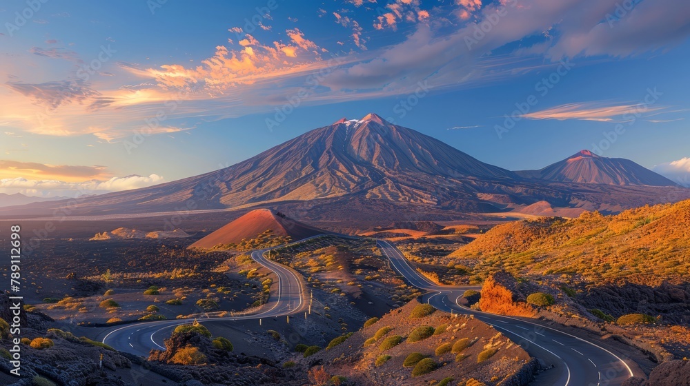 Poster a mountain range with a road that goes through it. the sky is blue and the sun is setting