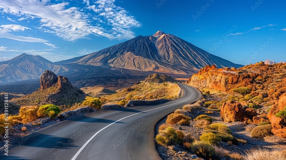 Poster a mountain range is in the background of a road. the road is empty and straight. the sky is blue and