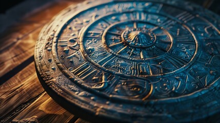Astrology prediction Flat lay composition of zodiac wheel with sign triplicities on wooden table :...